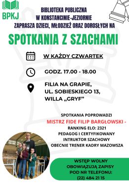 Spotkania z szachami - zajęcia cykliczne w filii na Grapie 06, 13, 20, 27 sierpnia
